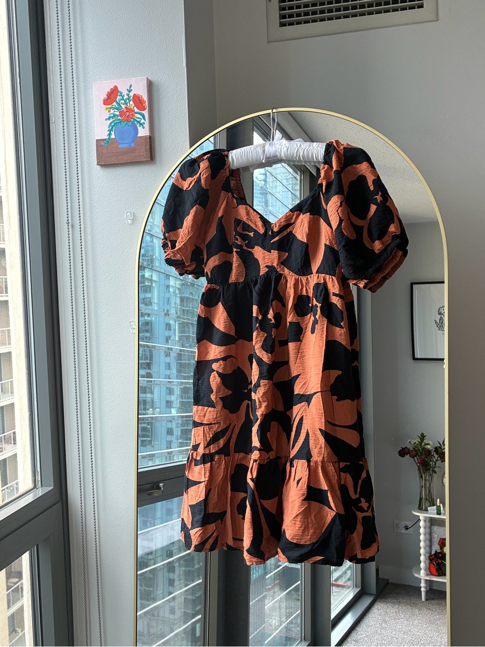Nine West Orange and Black Floral Puff-Sleeve Tiered Dress